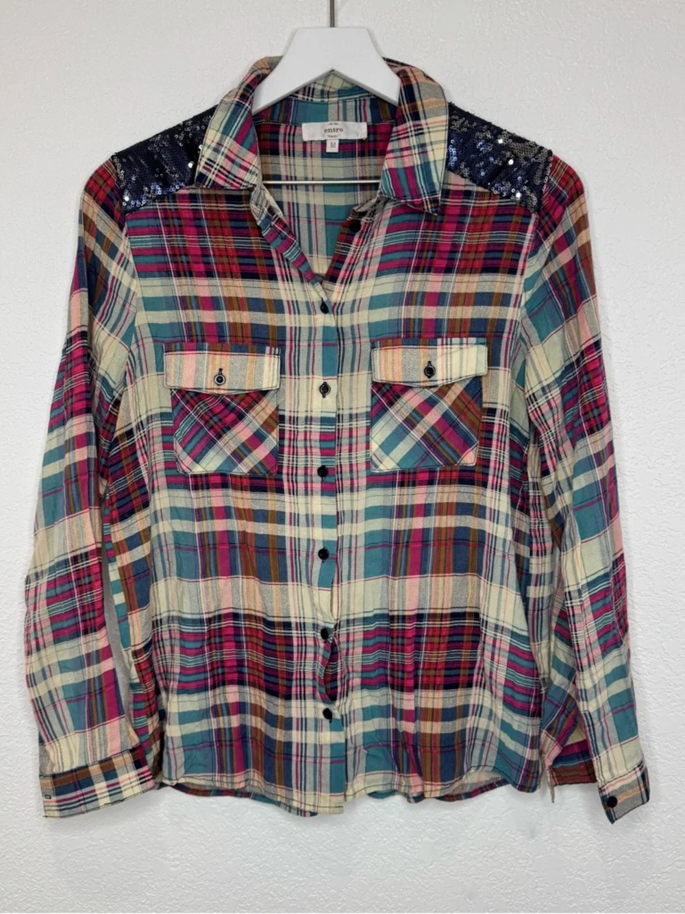Entro Plaid Button Down Sequin Top
